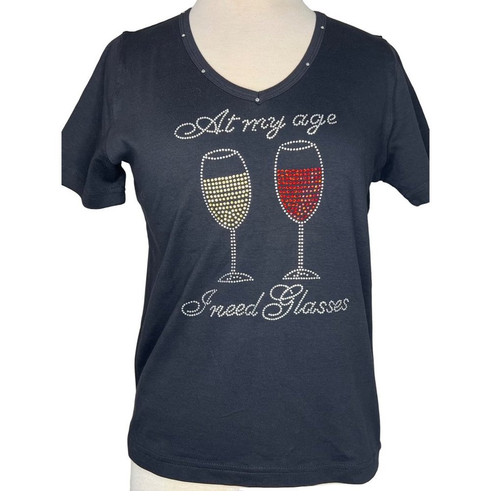 “ At my age, I need glasses” by Get Lucky women’s top size small black sequins V